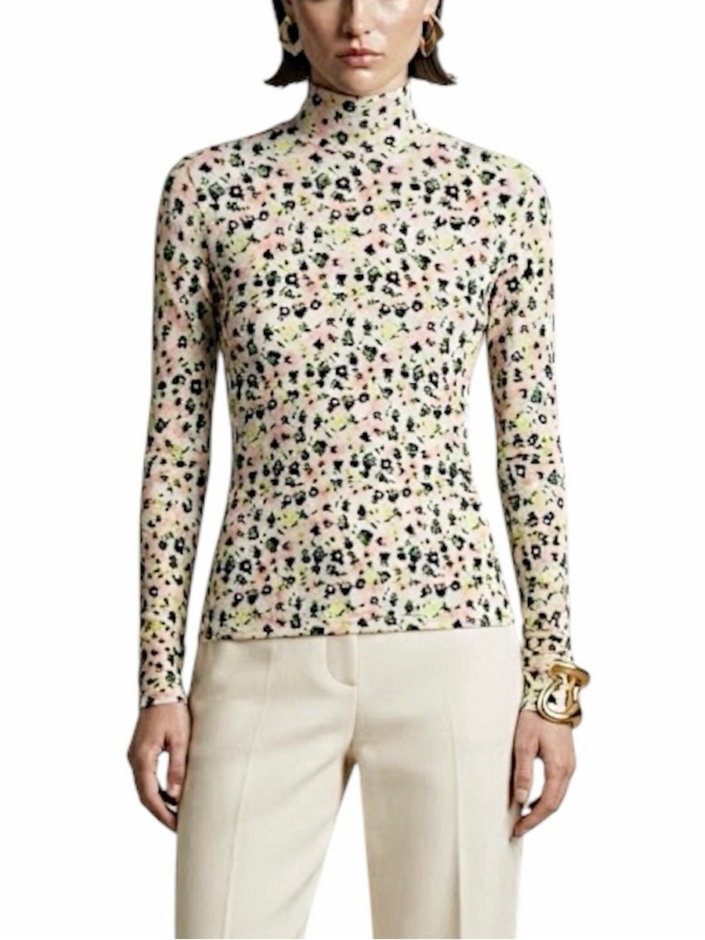 Vintage 60s 70s 100% nylon tight ivory ditsy floral print tight turtleneck top M